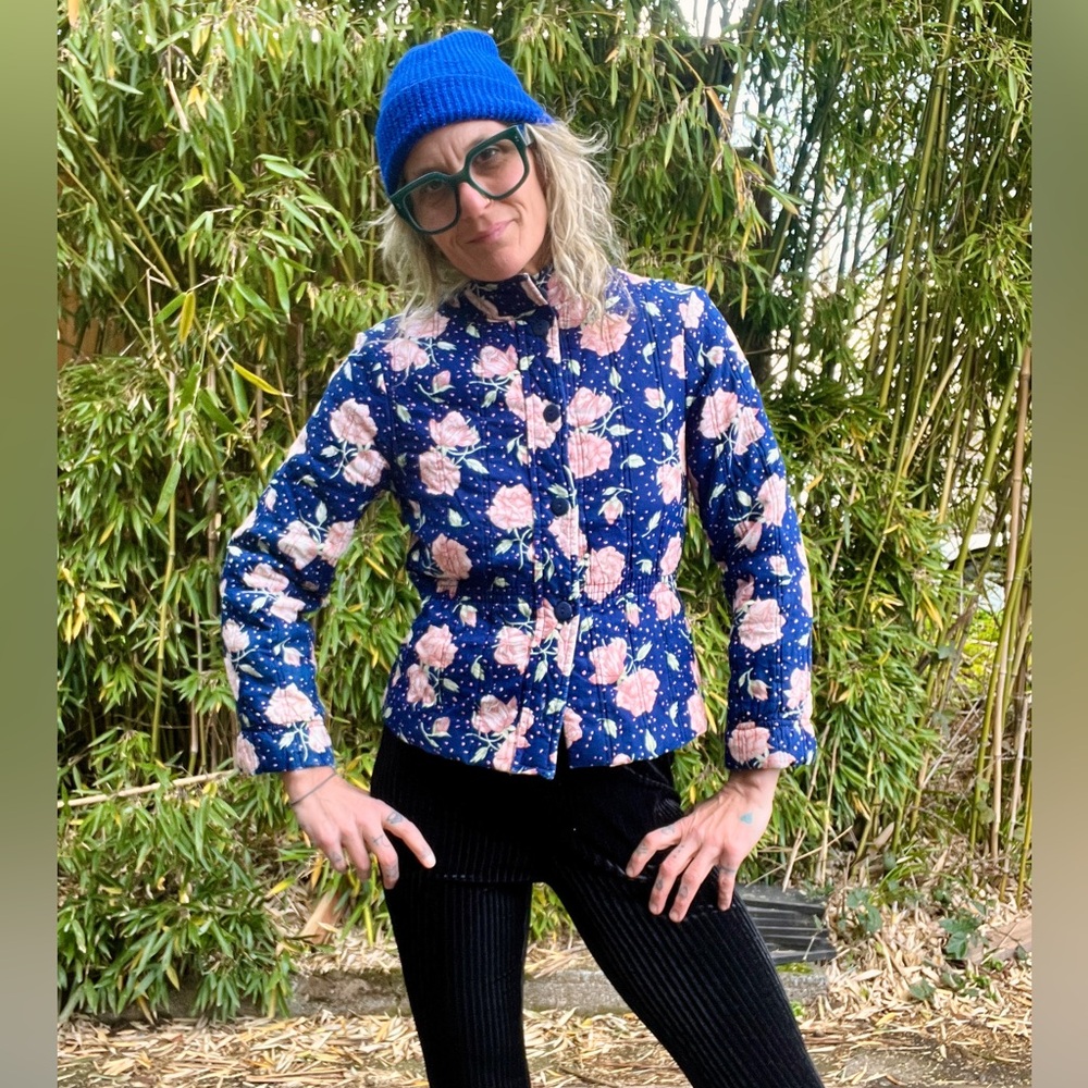 Nordstroms brass plum 1980’s quilted floral crop jacket women’s size small